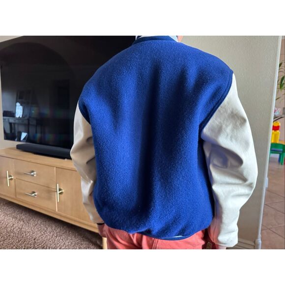 Rennoc kids medium vintage wool royal blue cream button-up varsity jacket - Picture 4 of 10